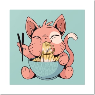 Cartoon Cat Eating Ramen Posters and Art